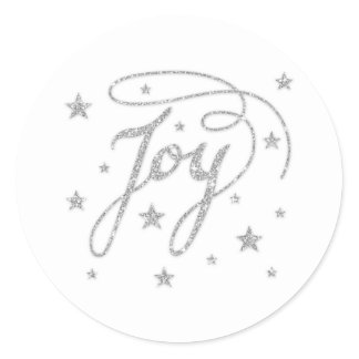 JOY Text In Faux Silver Glitter Look With Stars Classic Round Sticker