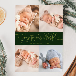 Joy To Our World Green Multi Photo Birth  Announcement