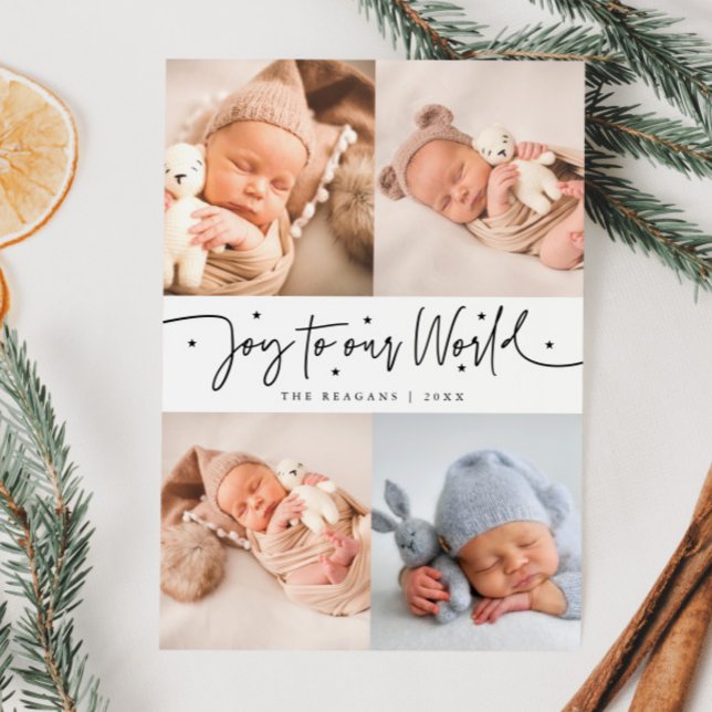 Joy To Our World White Multi Photo Birth  Announcement (Creator Uploaded)
