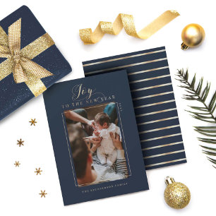 Joy to the New Year Elegant Script Photo & Stripes Holiday Card