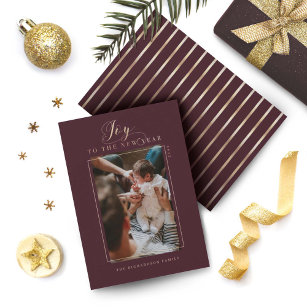 Joy to the New Year Elegant Script Photo & Stripes Holiday Card