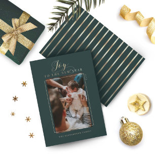 Joy to the New Year Elegant Script Photo & Stripes Holiday Card