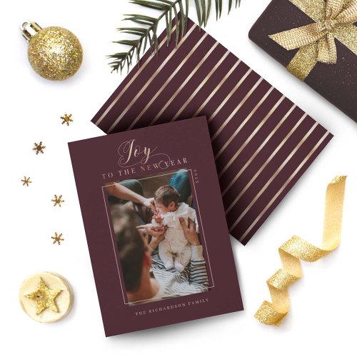 Joy to the New Year Elegant Script Photo  Stripes Holiday Card