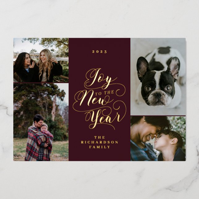 Joy to the New Year | Four Photo Elegant Script Foil Holiday Card (Front)
