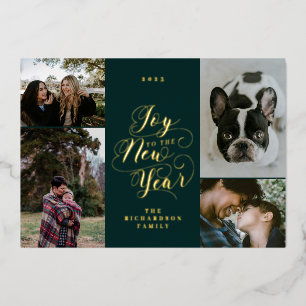 Joy to the New Year Four Photo Elegant Script Foil Holiday Card