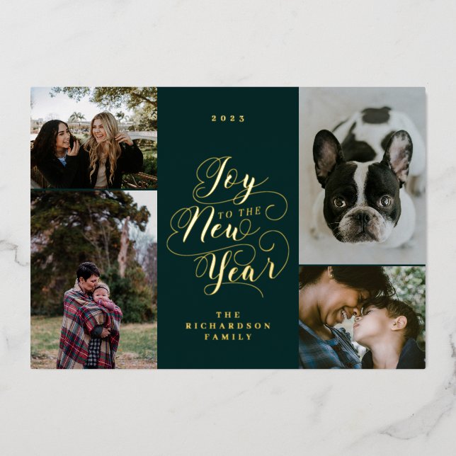 Joy to the New Year | Four Photo Elegant Script Foil Holiday Card (Front)