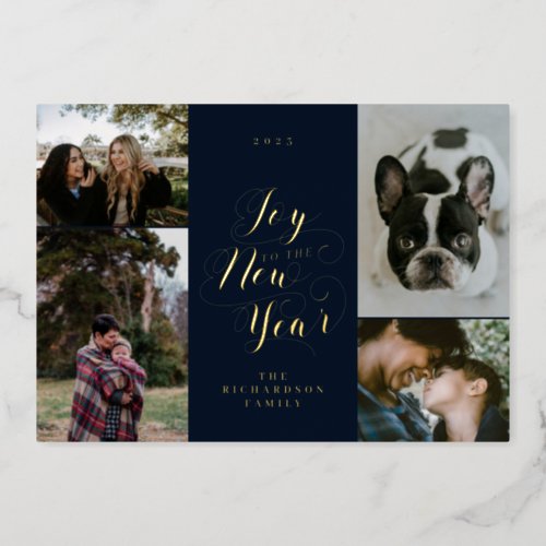 Joy to the New Year  Four Photo Elegant Script Foil Holiday Card
