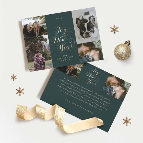 Joy to the New Year  Four Photo Elegant Script Holiday Card