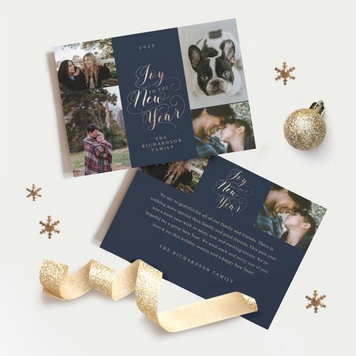Joy to the New Year  Four Photo Elegant Script Holiday Card