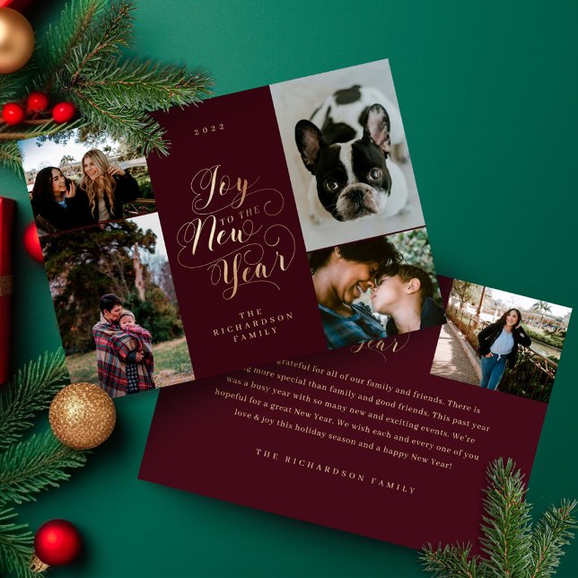 Joy to the New Year | Six Photo Elegant Script Holiday Card (Joy to the New Year | Six Photo Elegant Script Holiday Card)
