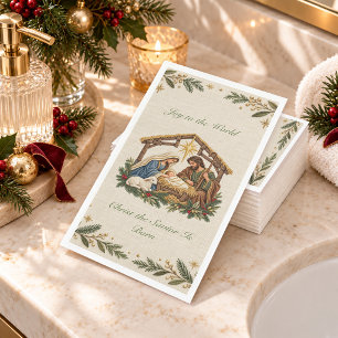 Joy to the Worl Embroidery Look Nativity Christmas Paper Guest Towels