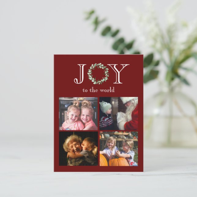 Joy to the World 4 Photos Personalized Budget Holiday Postcard (Standing Front)