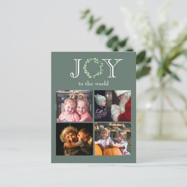 Joy to the World 4 Photos Personalized Holiday Postcard (Standing Front)