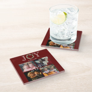 Joy to the World 4 Photos Year Personalized Red Glass Coaster