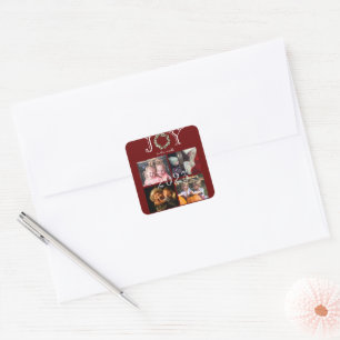 Joy to the World 4 Photos Year Red Personalized Square Sticker