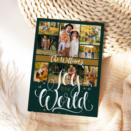 Joy to the World 8 Photo Forest Green Christmas Holiday Card