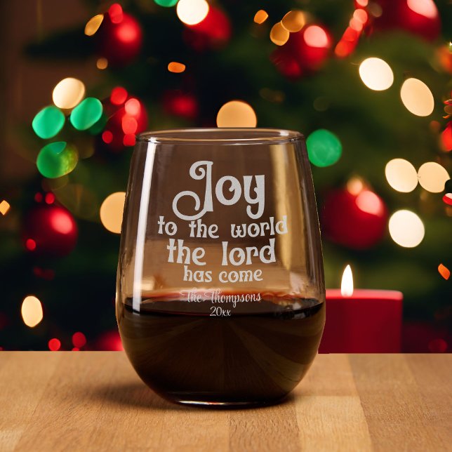Joy To The World Add Name & Text Etched Stemless Wine Glass (Creator Uploaded)
