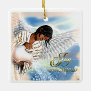 Joy to the World. African American Angel Christmas Ceramic Ornament