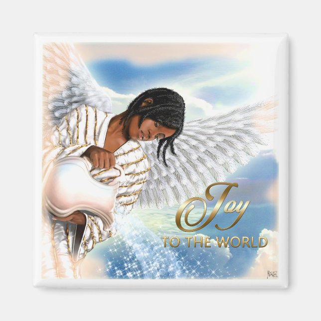 Joy to the World. African American Angel Christmas Magnet (Front)