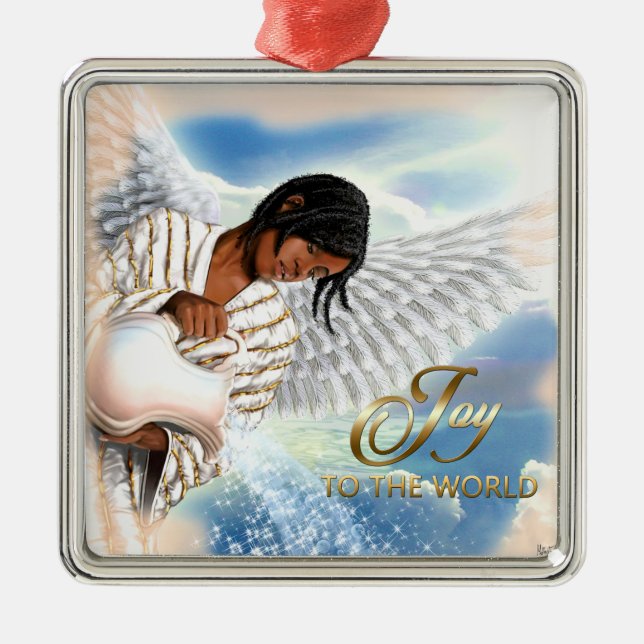 Joy to the World. African American Angel Metal Ornament (Front)
