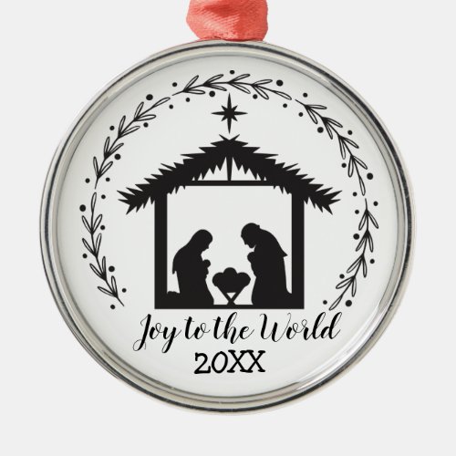 Joy to the World Black and White Metal Ornament