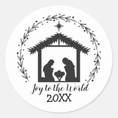 Joy to the World Black and White Nativity Classic  Classic Round Sticker