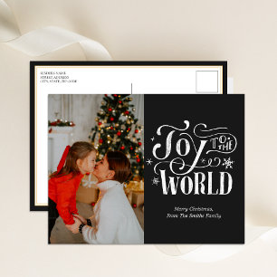 Joy to the World Black Calligraphy Photo Modern Holiday Postcard