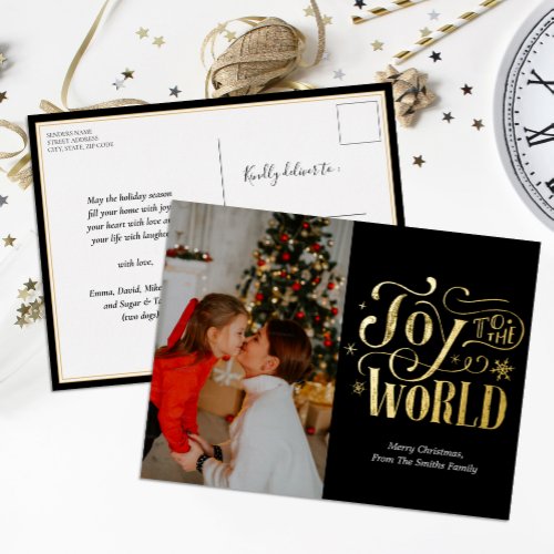 Joy to the World Black Gold Script Photo Modern Foil Holiday Postcard