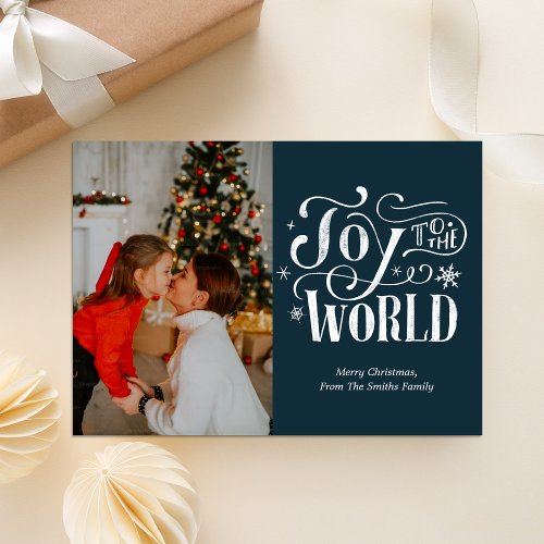 Joy to the World Blue Calligraphy Photo Modern Holiday Card