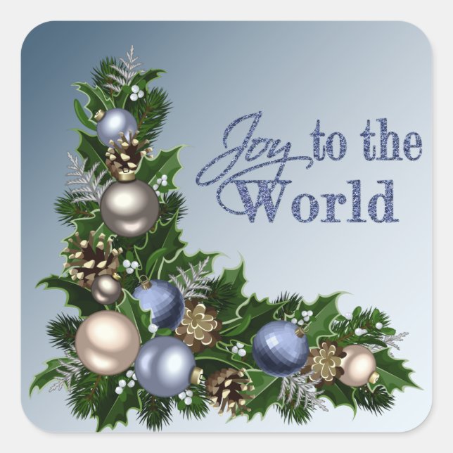 Joy to the World Blue Christmas Balls and Garland Square Sticker (Front)