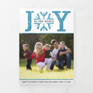Joy to the world blue glitter snowflake Christmas Tri-Fold Holiday Card