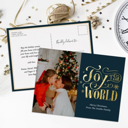 Joy to the World Blue Gold Script Photo Modern Foil Holiday Postcard