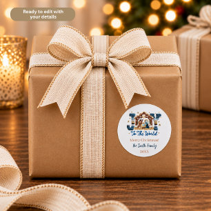 Joy to the World Blue Nativity Scene Personalized Classic Round Sticker
