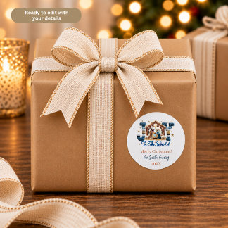 Joy to the World Blue Nativity Scene Personalized Classic Round Sticker