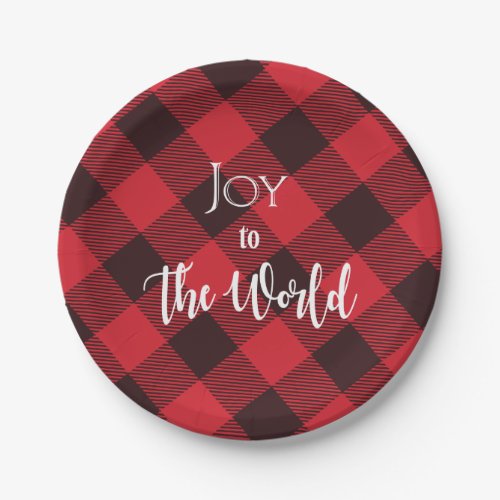 Joy To The World Buffalo Plaid Christmas Paper Plates