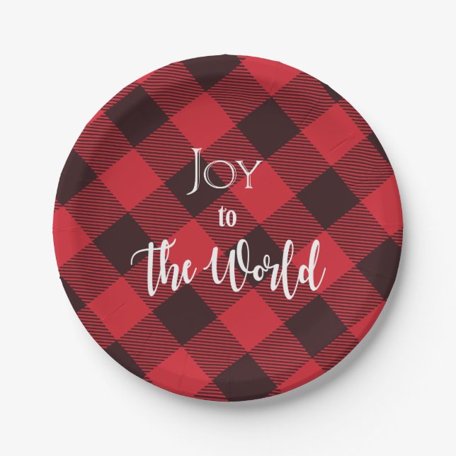 Joy To The World Buffalo Plaid Christmas Paper Plates (Front)