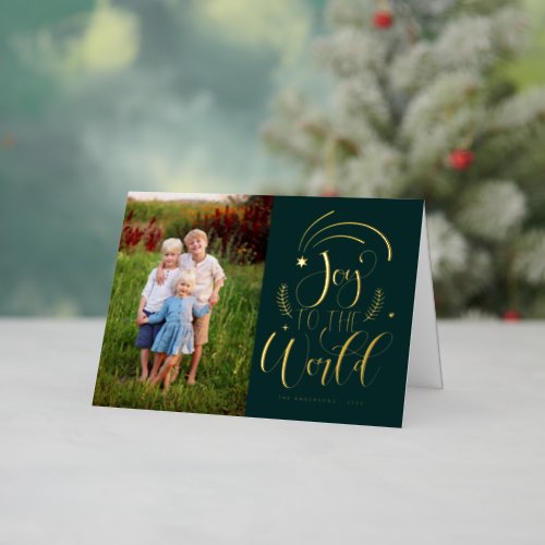 Joy to the World Calligraphy Green Gold Foil Holiday Card