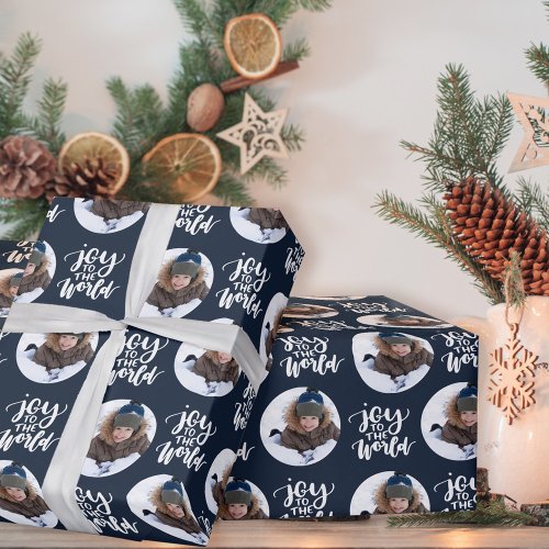 Joy to the World Calligraphy Round Photo Blue Wrapping Paper