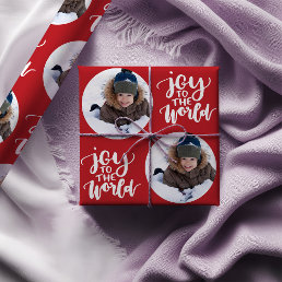 Joy to the World Calligraphy Round Photo Red Wrapping Paper