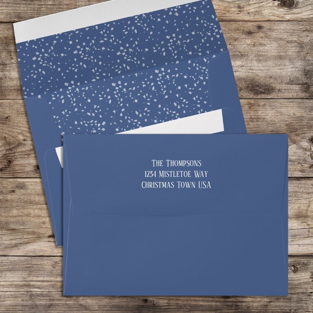 Joy to the World Calligraphy Script Matching 5x7 Envelope (Christmas holiday blue speckles envelope with return address on the back flap,)