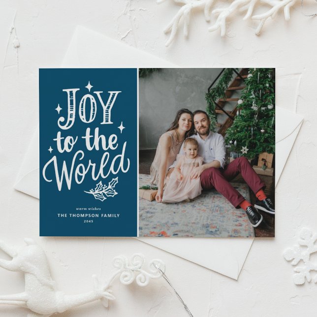 Joy To The World Christmas Carol Blue Photo Holiday Postcard (Celebrate the season with this customizable blue "Joy to the World" photo Christmas postcard.)