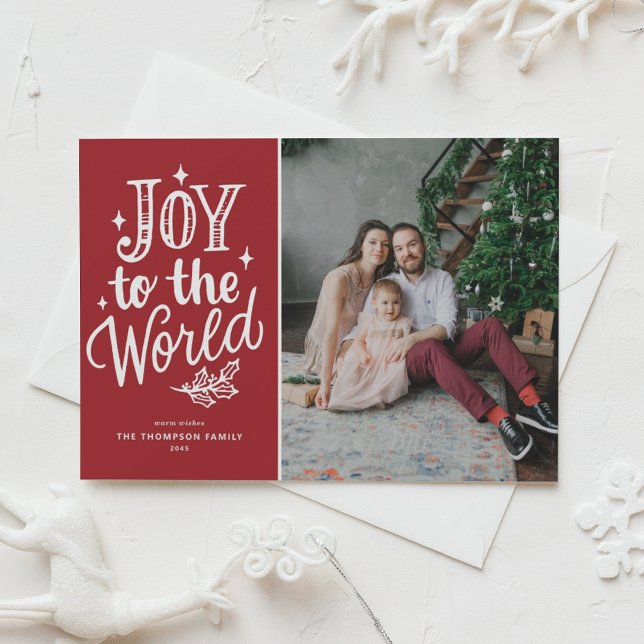 Joy To The World Christmas Carol Red Photo Holiday Postcard (Celebrate the season with this customizable red "Joy to the World" photo Christmas postcard.)