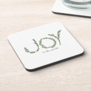Joy to the World Christmas Green Wreath & Berries Beverage Coaster