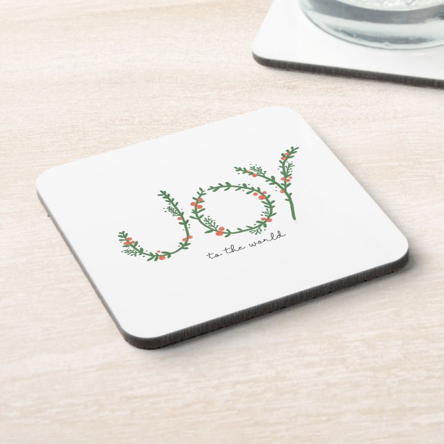 Joy to the World Christmas Green Wreath & Berries Beverage Coaster (Left Side)