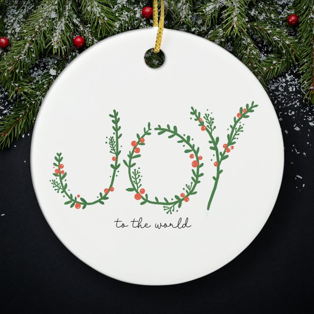 Joy to the World Christmas Green Wreath & Berries Ceramic Ornament (Creator Uploaded)