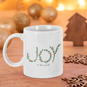 Joy to the World Christmas Green Wreath & Berries Coffee Mug