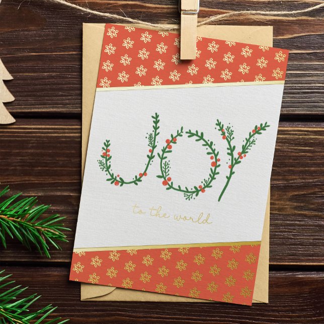 Joy to the World Christmas Green Wreath & Berries Foil Holiday Card (Creator Uploaded)