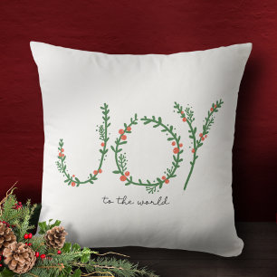 Joy to the World Christmas Green Wreath & Berries Throw Pillow