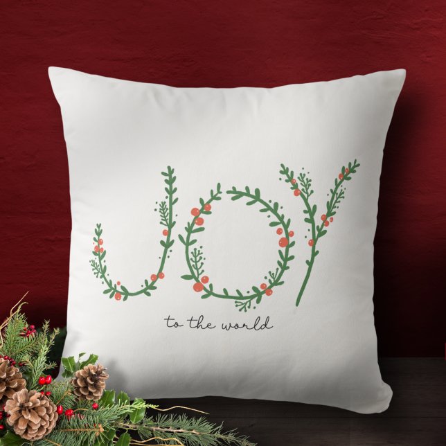 Joy to the World Christmas Green Wreath & Berries Throw Pillow (Creator Uploaded)