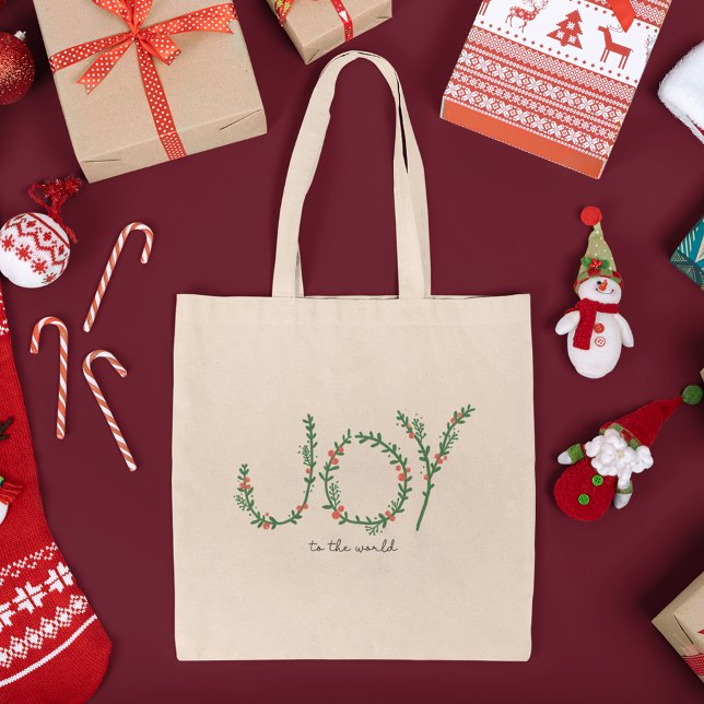 Joy to the World Christmas Green Wreath & Berries Tote Bag (Creator Uploaded)